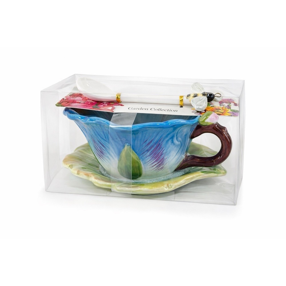Corner Ruby Garden Collection Blue Pansy Teacup Saucer Bee Spoon Set New Rare